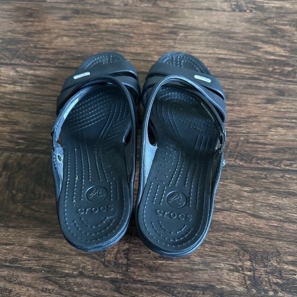 Crocs Cyprus IV Black Strappy Peep Toe Comfort High Heeled Sandals Wedges W 9 - Picture 2 of 5